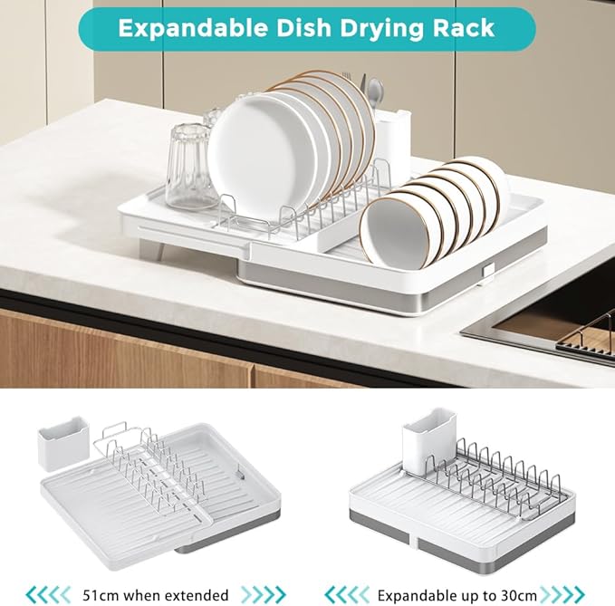 YOJIA Stainless Steel Dish Drying Rack, Extendable Dish Drainer Rack, Drainboard, Detachable Cup Shelf, Rustproof Multifunctional Organizer for Kitchen Counter, Cup Holders, Utensil Holder (14-White)