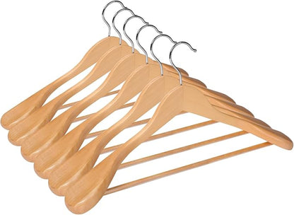 ABHENG Solid Wood Suit Hangers, 6 Pack, Coat Hangers with Non Slip Trouser Bar, 360° Swivel Hook, Heavy Duty Wide Hangers for Suit, Coat, Jacket, Trousers, Pants,17.3" W x 9" H, Natura AWY0406N