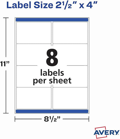 Avery Printable Blank Shipping Labels, 2.5" x 4", White, 200 Labels, Laser Printer, Permanent Adhesive (5816)