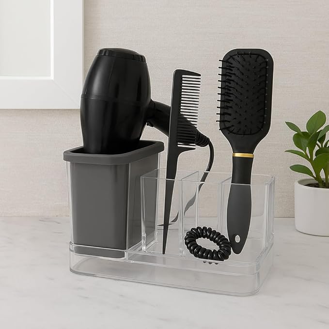 OnDisplay Hair Tool & Makeup Organizer with Silicone-Lined Compartment – Bathroom Counter Storage for Hair Dryer, Brushes, Sponges & Cosmetics – Clear Acrylic Vanity Holder with Removable Tray