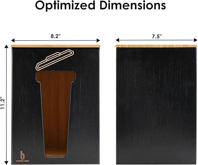 Cozee Bay Bamboo Trash Bag Dispenser with Lid, Trash Bag Holder Organizer, Garbage Dispenser for Kitchen Countertop, Under Sink and Wall Mount - Extra Large (Black)
