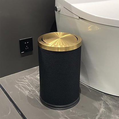 2.4 Gallon Bathroom Trash Can with Lid, Pu Leather Modern Garbage Can, Round Decorative Waste Basket, for Near Desk, Powder, Bedroom, Hotel, Office, Home (9L-Checked Black)