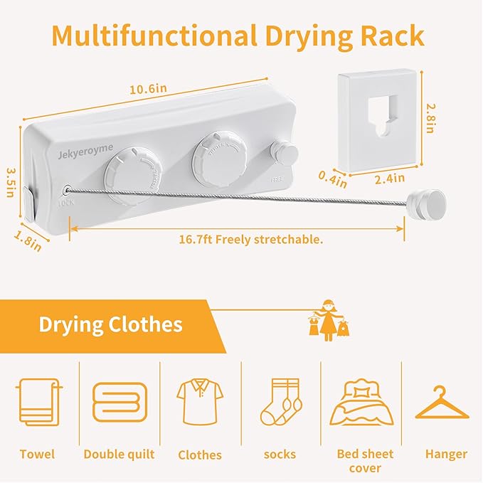 Retractable Clothesline Indoor & Outdoor, Non-Sagging Wall Mounted Drying Rack Clothesline, 16.7 Ft Stainless Steel Wire Double Clothes Lines, Hanging Clothes line for Balcony, Courtyards(White)