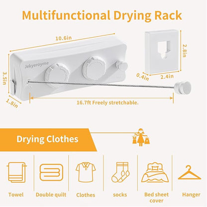 Retractable Clothesline Indoor & Outdoor, Non-Sagging Wall Mounted Drying Rack Clothesline, 16.7 Ft Stainless Steel Wire Double Clothes Lines, Hanging Clothes line for Balcony, Courtyards(White)