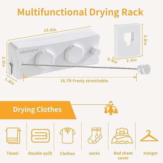 Retractable Clothesline Indoor & Outdoor, Non-Sagging Wall Mounted Drying Rack Clothesline, 16.7 Ft Stainless Steel Wire Double Clothes Lines, Hanging Clothes line for Balcony, Courtyards(White)