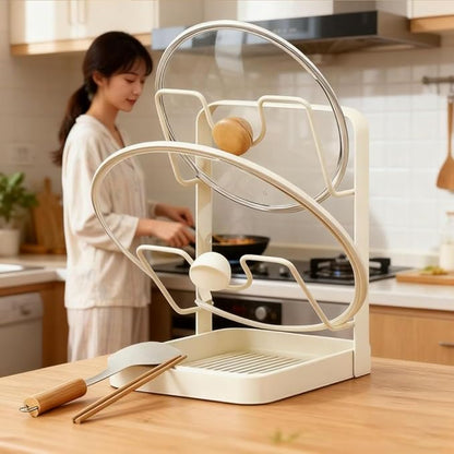 2026 New Kitchen Pot Lid Storage Rack, Pot Lid Holder While Cooking, Double Layer Lid and Spoon Rest With Tray, Multifunctional Spatula Holder For Stovetop, Kitchen Counter (Single Layer-grey)