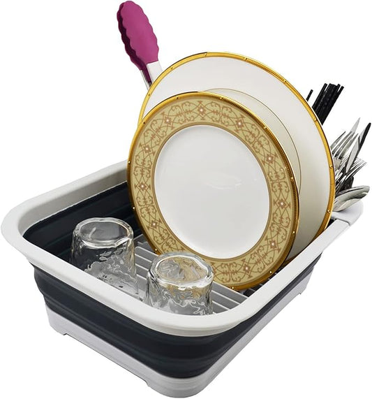 SAMMART 7.3L (1.9 Gallon) Collapsible Plastic Dish Drainer with Drainer Board - Foldable Drying Rack Set - Portable Dinnerware Organizer - Space Saving (Grey/Slate Grey)