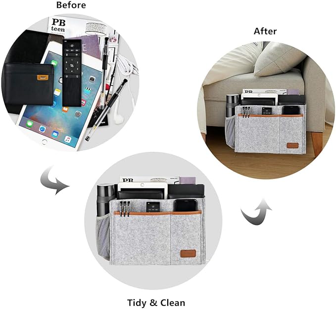 WantuSee Bedside Caddy, Felt Bed Storage Organizer Hanging Bag Holder with 5 Pockets, Magazine Book Phone Tablet iPad Cables Remote and Water Bottle Holder for Home Dorm Bed Sofa, Light Gray