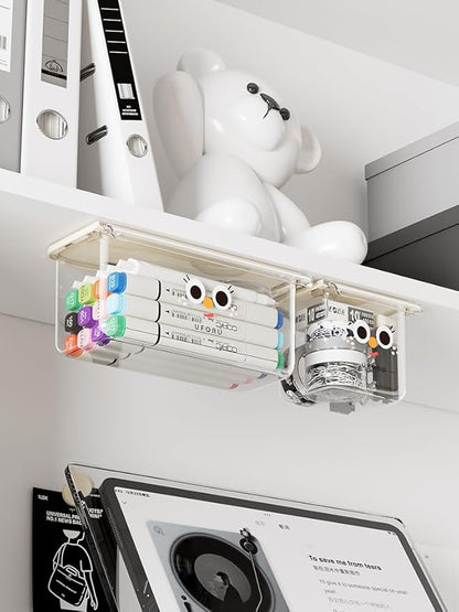 Self-Adhesive Under-Desk Drawer Slide-Out Organiser With Hanging Clear Acrylic Shelf Storage Organiser For Office Kitchen, Cupboards, Tables, Counters For Added Space (Large + Small) Two-Piece Set
