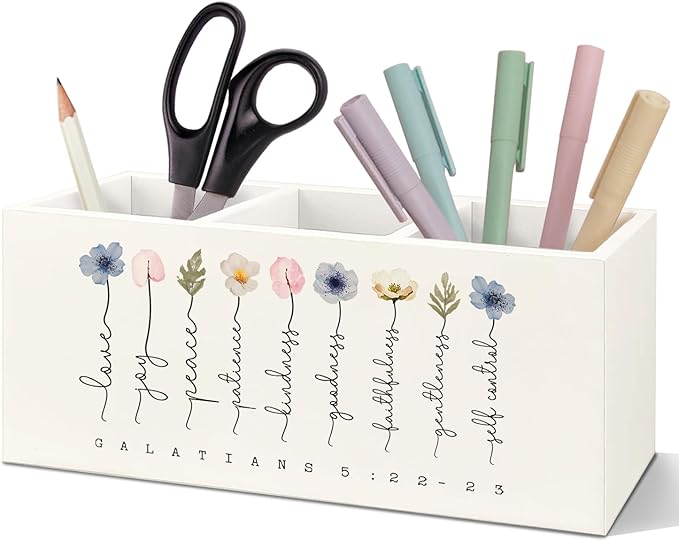 SNNDER Christian Pen Holder for Desk, Religious Christian Gifts for Women, Floral Boho Christian Bible Verses Wooden Pen Pencil Holder Organizer for Home Office Desk Accessories