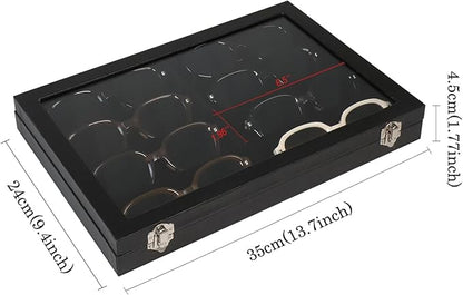 Wudygirl Jewelry and Sunglass Organizer - 8 Slot Storage With Clear Lid, Leather Eyeglasses Display for Women and Men (8 Grid)
