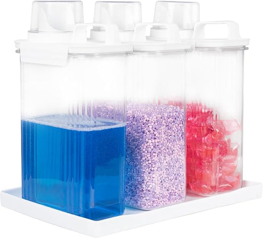 68oz Laundry Detergent Container, 3Pack Plastic Liquid Detergent Dispenser for Laundry Room Powder,Soap,Fabric Softener, Scent Beads Storage and Organization,with 5 Labels,1 Tray.(3, 68oz)