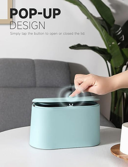 Mini Trash Can with Lid Removable Small Garbage Can, Tiny Plastic Trash Bin, Pop Up Countertop Wastebasket, Counter Garbage Lint Bin (Light Blue)