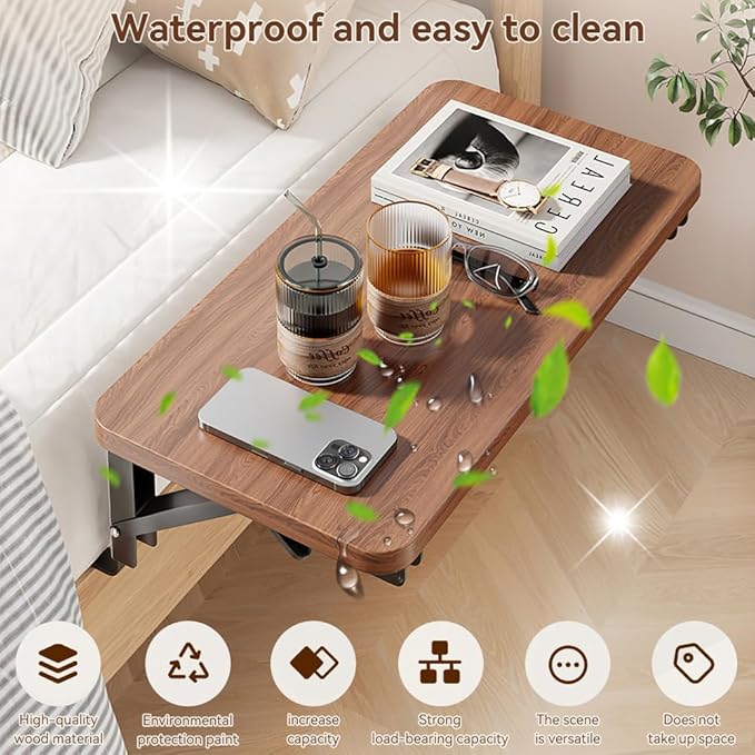 HomeBeyond Foldable Wooden Bedside Shelf, Simple Night Stand & Side Organizer for Phone, Tablet, Water Cup, Books – No-Hole Bedside Caddy for Easy Storage