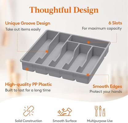 Lifewit Silverware Drawer Organizer Tray, Plastic Cutlery Storage for Kitchen Drawer, Flatware and Utensil Holder Divider for Spoons Forks Knives Tableware, 6 Compartment, Gray