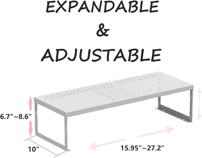 Stackable Expandable Metal Shelf Organizer - Adjustable Wire Storage Rack with Holes for Kitchen, Bathroom, Cabinet, Office - Space Saving, Durable & Sturdy Design（1PACK/Large/White