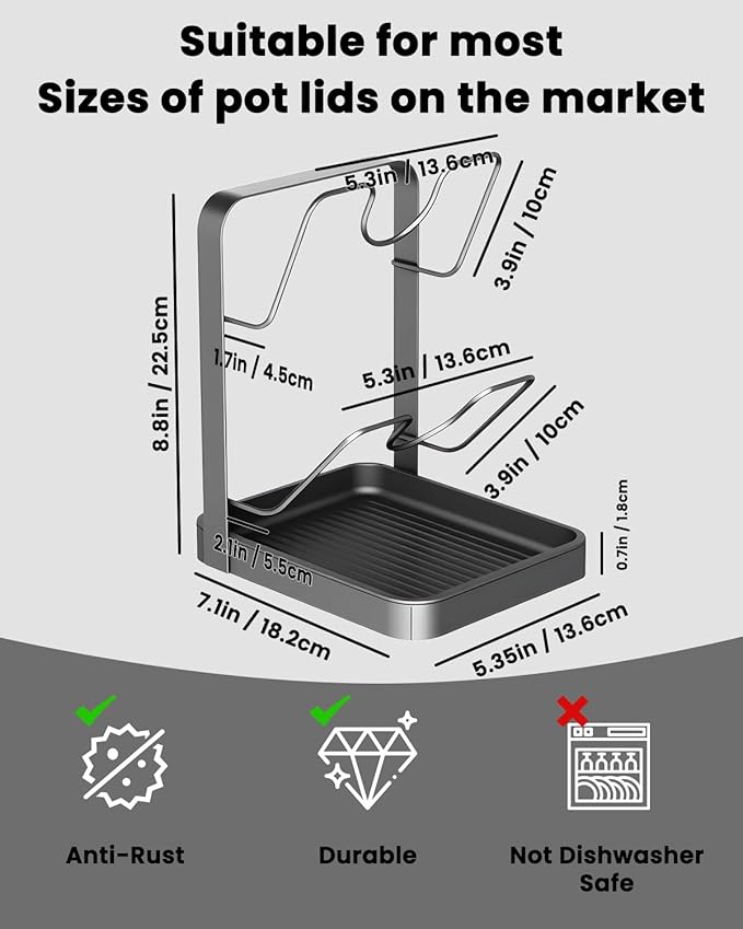 IENG Pot Lid Organizer Holder Rack for While Cooking Under Cabinet Crockpot Pan and Storage Crock Spoon Rest with Kitchen Top Double U-Shaped Slots Steel Countertop Counter Stainless Stand Drip Tray