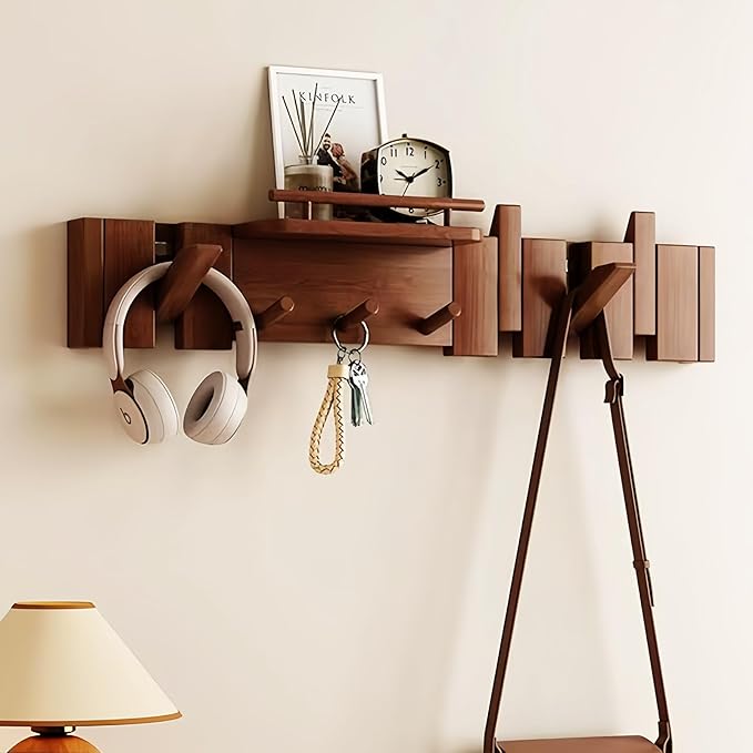 Wall Mounted Coat RackHooks Piano Key Hangers Natural Solid Wood Hanger Non-Woven Fabric Clothes Hangers for Closet, Kitchen, Bedroom, Bathroom, Entryway (Innovate-Walnut, 8 Hooks)