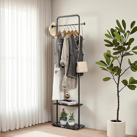 Black Clothing Rack, Free Standing Coat Hanger Stand with Stable Marble Base, Metal Coat Rack for Outerwear, Handbags, Entryways and Halls (Black, 19.7")