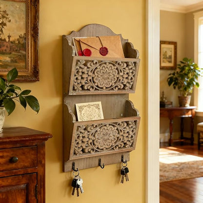Rustic Key and Mail Holder for Wall Home Decorative,2-Slot Mail Organizer Wall Mount with 3 Hooks, Wooden Key Hangers Wall File Organizer Letter Sorter for Letter Magazines（Brown）
