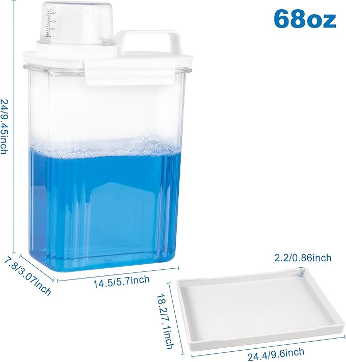 68oz Laundry Detergent Container, 2 Pack Plastic Liquid Detergent Dispenser for Laundry Room Powder,Soap,Fabric Softener, Scent Beads Storage and Organization,with 5 Labels,1 Tray.(2, 68oz)