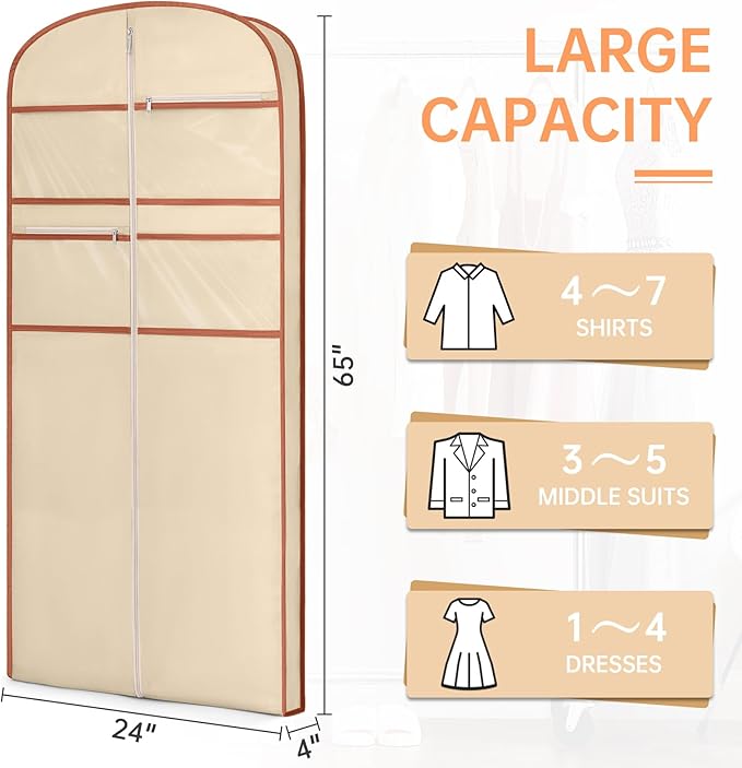 65" Garment Bag for Travel for Hanging Clothes Storage Hanging Suit Cover with Zipper and Accessory Storage for Coats, Dresses, Suits