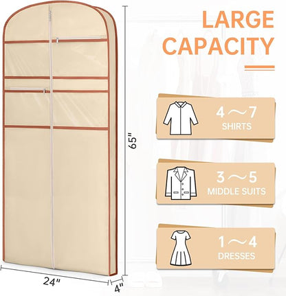 65" Garment Bag for Travel for Hanging Clothes Storage Hanging Suit Cover with Zipper and Accessory Storage for Coats, Dresses, Suits