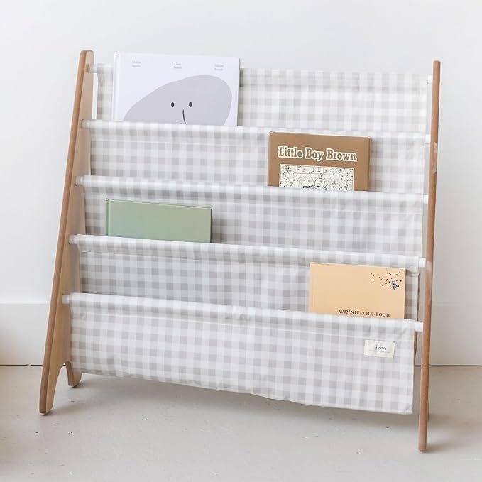 3 Sprouts Recycled Fabric Kids Bookshelf – 4-Tier Sling Book Rack Organizer - Nursery Room Playroom Classroom Wooden Book Shelves - Kid Bookcase Wood Storage Shelf for Toddler Age 3+ - Gingham Beige | Recycled Fabric, Organizer, Nursery Room, Playroom,...