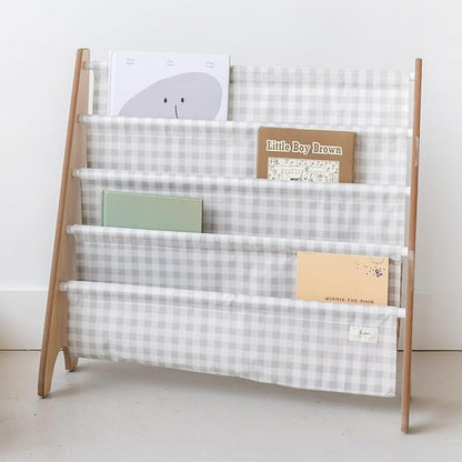 3 Sprouts Recycled Fabric Kids Bookshelf – 4-Tier Sling Book Rack Organizer - Nursery Room Playroom Classroom Wooden Book Shelves - Kid Bookcase Wood Storage Shelf for Toddler Age 3+ - Gingham Beige | Recycled Fabric, Organizer, Nursery Room, Playroom,...
