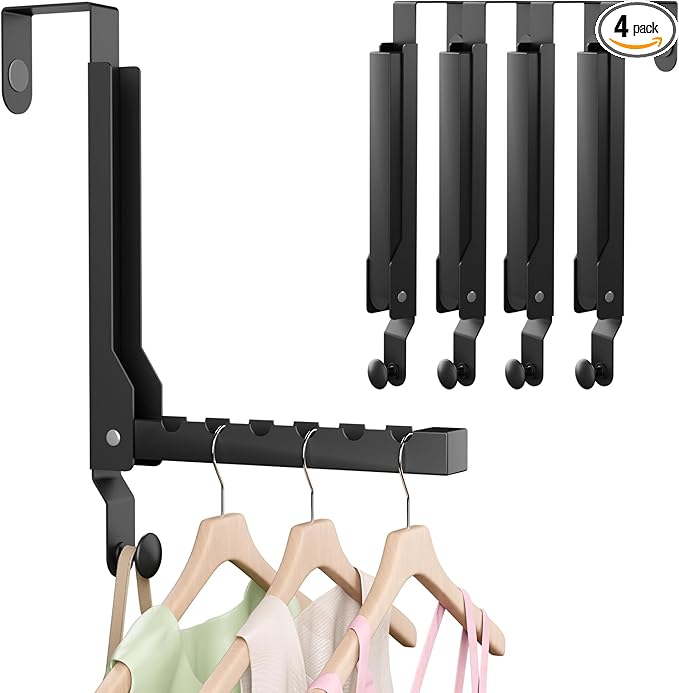 WLCSNG 4 Pack Over The Door Hanger Foldable Over The Door Hooks，Rust-Resistant Overdoor Hanger Hook for Laundry (Clothes Drying Rack)&Bathroom (Towel Rack) Small Portable, Black