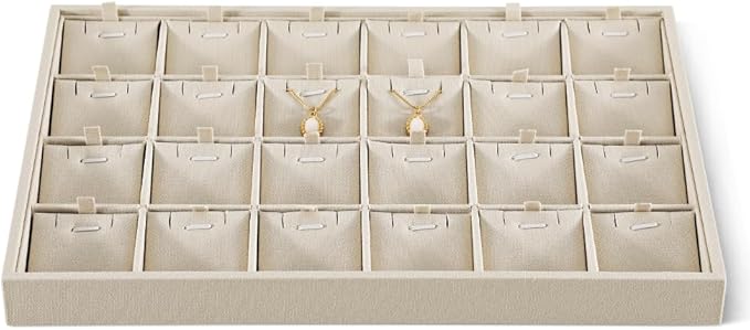 Dansmiy Linen Stackable Necklace Storage Tray, 24 Grid Pendant Display Tray, Jewellery Shop Counter Showcase Table Top Organizers, Makeup Table Drawer Insert Jewelry Tray
