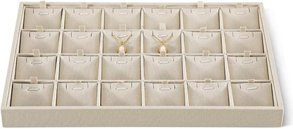 Dansmiy Linen Stackable Necklace Storage Tray, 24 Grid Pendant Display Tray, Jewellery Shop Counter Showcase Table Top Organizers, Makeup Table Drawer Insert Jewelry Tray