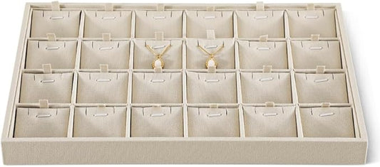 Dansmiy Linen Stackable Necklace Storage Tray, 24 Grid Pendant Display Tray, Jewellery Shop Counter Showcase Table Top Organizers, Makeup Table Drawer Insert Jewelry Tray