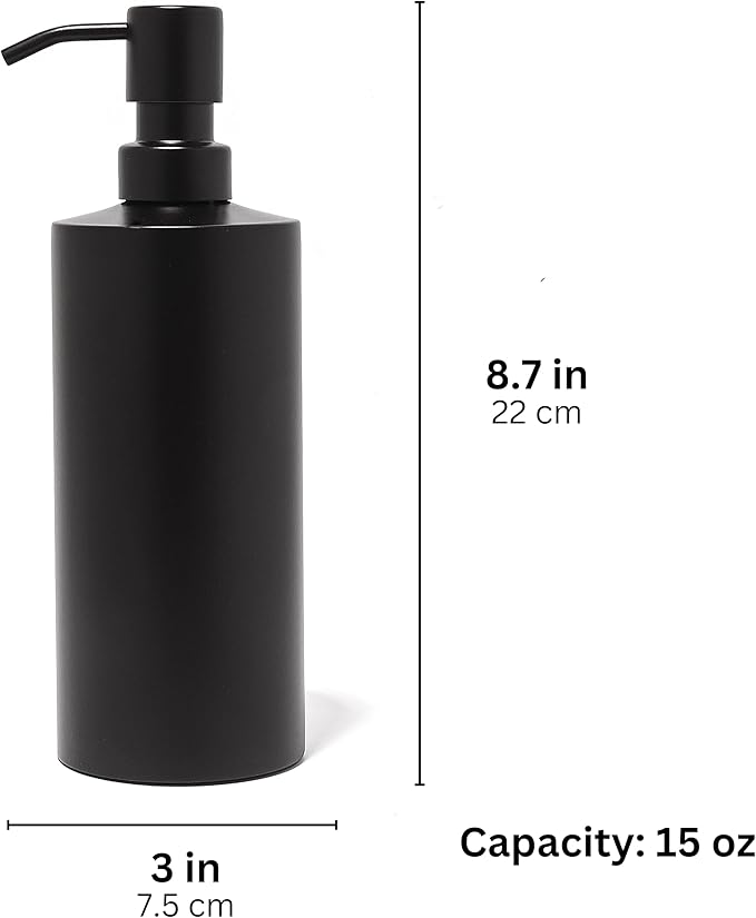 Yew Design Black Soap Dispenser Stainless Steel for Bathroom and Kitchen Sink, 15oz Refillable Round Rustproof Hand Dish Soap Dispenser Pump for Detergent, Lotion, and Countertop