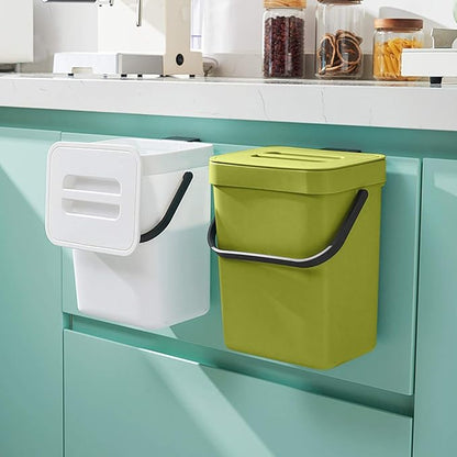 Domiella 2 Pack Hanging Small Trash Can with Lid (1.3 + 0.8 Gal), Kitchen Compost Bin for Countertop or Under Sink, Mountable Food Waste Bin for Cabinet, Bathroom, or RV Use (Green)