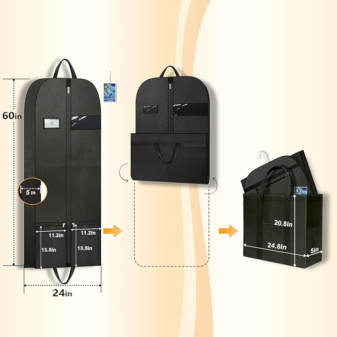 Dress Bags for Gowns 60", Long Garment Bags for Hanging Clothes Travel with Pockets and Zipper, Gusseted Garment Bag for Dress, Shows Dance Costume, Tuxedos, Clothes Protector Suit Cover Bags Black