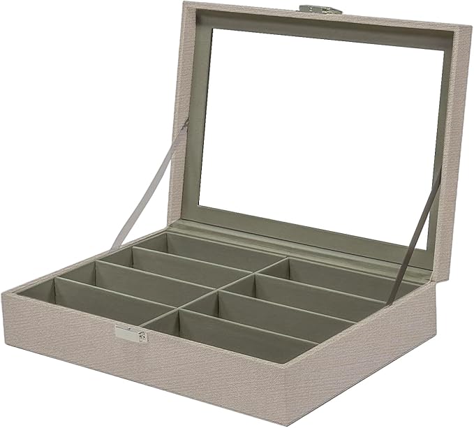 UnionPlus 8-Slots Sunglasses Case Organizer, Eyeglass Glasses Display Holder Collector, Multiple Sunglasses Storage Case, Beige Liner Faux Leather
