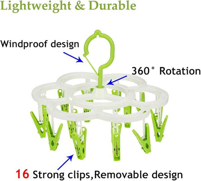 Clothespin Rack Laundry Drying Rack,Clothes Hangers with 16 Clips,Clip Hanger Drip Hanger for Drying Underwear,Baby Clothes,Socks,Bras,Towel,Pants,Hat,Scarf,Cloth Diapers,Gloves (Green)