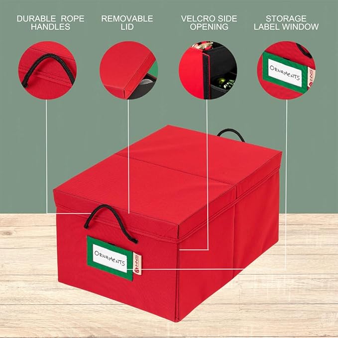 HOLDN’ STORAGE Christmas Ornament Storage Box with Dividers, Holds 72 Ornaments (3 Inch), Large Ball Storage Container with 3 Removable Trays, Durable and Portable - Red