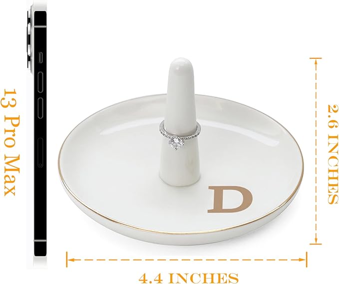 HOME SMILE Initials Ring Holder Jewery Tray with personalized D-Monogrammed Engagement Gifts for Friends,Birthday Mother's Day Christmas Gifts for Women,Ceramic White