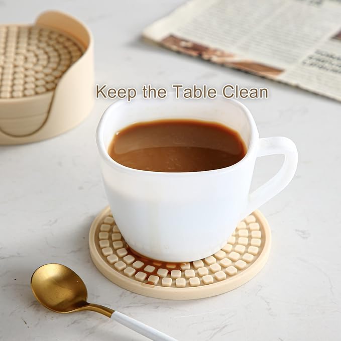 Colinda Silicone Drink Coasters with Holder, Set of 6, Outdoor Cup Mat for Hot or Cold Drinks, Thickened, Non-Slip,Non-Stick, Cool Grey