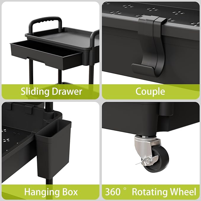 Sorgion 3 Tier Rolling Cart Organizer,Laundry Room Bathroom Organizers and Storage Office Shelves Mobile Shelving Unit Kitchen Trolley Cart with Wheels for Art,Craft,Diaper,Bedside,Snack(Black)