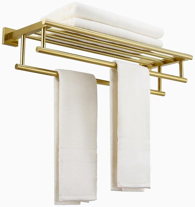 Bathroom Towel Rack 24 Inch Tower Holder with Double Towel Bar Brushed Gold Towel Rack Wall Mounted SUS304 Stainless Steel Hotel Towel Shelf Modern Towel Hanger