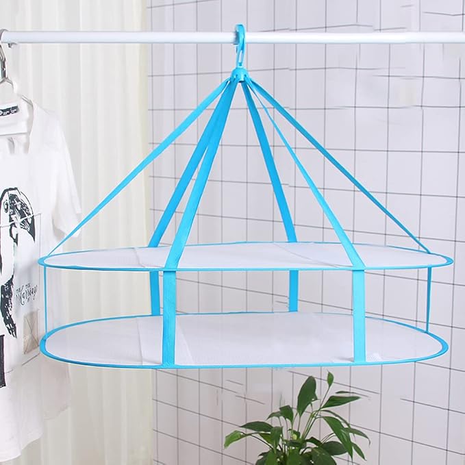 iayokocc 2 Tiers Folding Drying Rack, Folding Mesh Clothes Hanging Dryer, Portable Sweater Drying Rack Lay Fold Flat to Dry Mesh Clothes Hanger for T-Shirt, Swimsuit, Sweater, Delicates