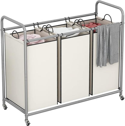 LINZINAR 3-Bag Laundry Sorter,Laundry Hamper Cart with Heavy Duty Rolling Lockable Wheels and Removable Bags (Beige)