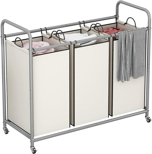 LINZINAR 3-Bag Laundry Sorter,Laundry Hamper Cart with Heavy Duty Rolling Lockable Wheels and Removable Bags (Beige)