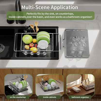Dish Drying Rack in Sink With Non-Slip Silicone Mat Set, Expandable Carbon Steel Dish Drainers for Kitchen Counter, Bowl Dryer Rack Mat for Inside Sink, Over The Sink D ish Racks(COLOR:Grey+Silver)