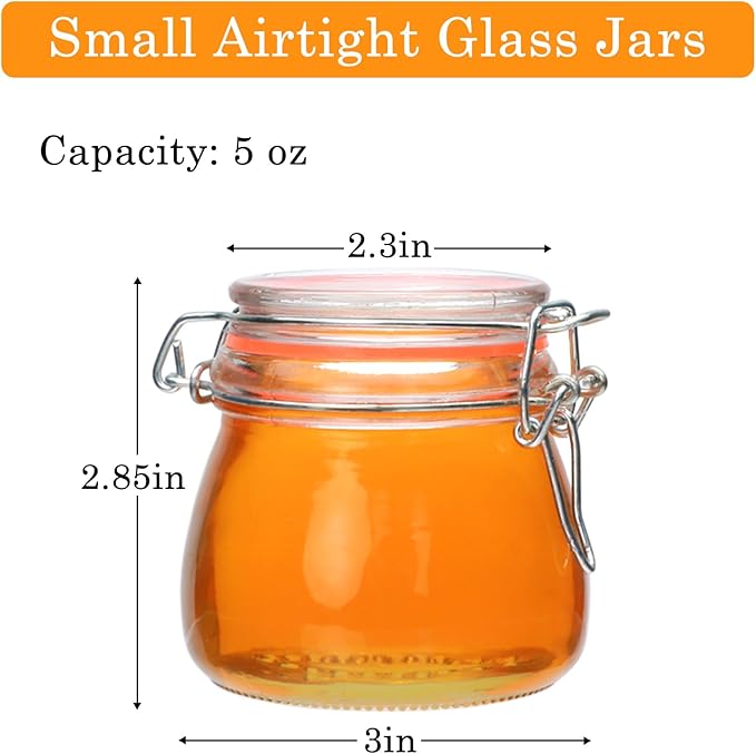 Flrolove 5oz 6pack Glass Jars with Airtight Lid, Glass Food Storage Containers with Lids, Mason Jars, Wire Clip Fastening for Cereal, Flour, Cookie, Spice, Honey, Kitchen Canning