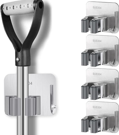 Broom Holder Self Adhesive No Drill Wall Mount Mop Broom Organizer with Hook Heavy Duty Stainless Steel Garden Tool Organizer Garage Storage and Organization Hanger (Silver + Grey)
