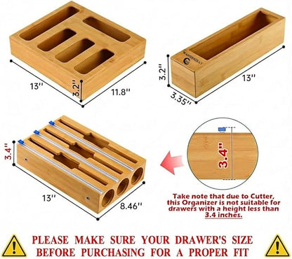 9-in-1 bamboo storage bag rack with cutter, suitable for kitchen drawer and wall storage, compatible with gallons, quarts, aluminum foil and cling film, sandwich, snack Bags